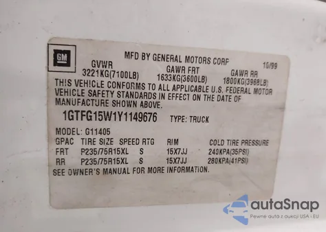 2000 GMC Savana Standard z USA, uszkodzony, nr VIN 1GTFG15W1Y1149676